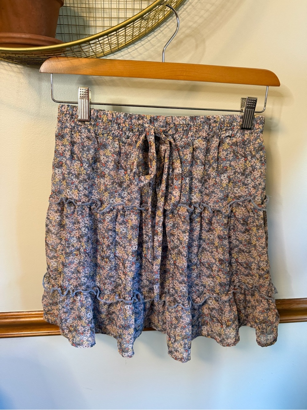 Sienna Sky Blue Floral Tiered Drawstring Mini Skirt